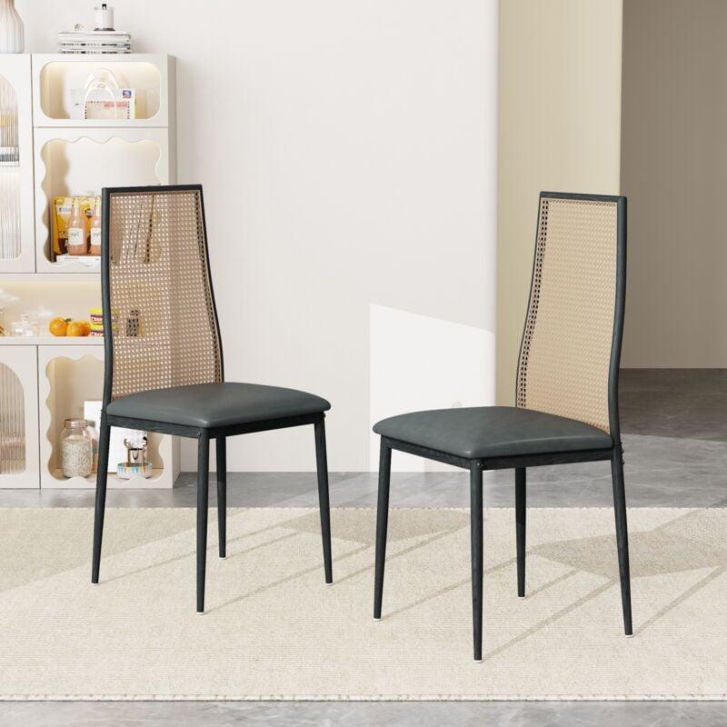 Nmonet - Lot de 2 Chaise de salle à manger, dossier en rotin, siège épais, style vintage, antidérapant - Noir