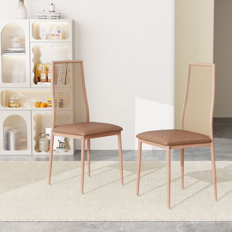 Lot de 2 Chaise de salle à manger, dossier en rotin, siège épais, style vintage, antidérapant - Beige