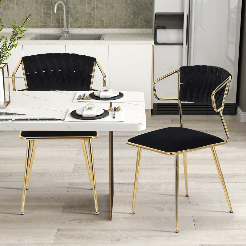 Sureh - Lot de 2 Chaise de salle à manger en velours, Chaise coiffeuse Chaise de Cuisine, avec dossier rembourrée tressé et pieds en métal doré,