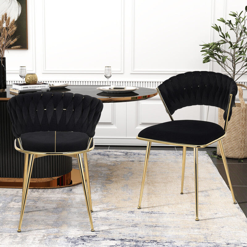 Sureh - Lot de 2 Chaise de salle à manger en velours, Chaises de Salle à Manger scandinave, avec dossier rembourrée tressé et pieds en métal doré,