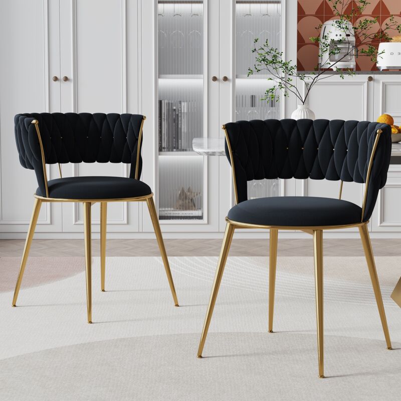 Hofurni - Lot de 2 Chaise, velours, Chaises de Salle à Manger scandinave, avec dossier tressé et pieds en métal doré - Noir