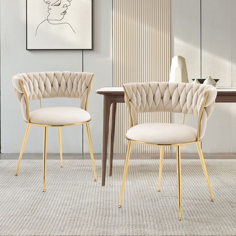 Hofurni - Lot de 2 Chaise de salle à manger en velours - Chaises de Salle à Manger scandinave, avec dossier tressé et pieds en métal doré - Beige
