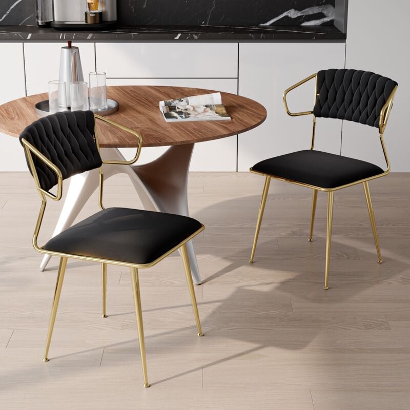 Tanant - Lot de 2 Chaise, velours, avec dossier tressé et pieds en métal doré, motif d'écailles de poisson tissé - Scandinave - Fauteuil de cuisine
