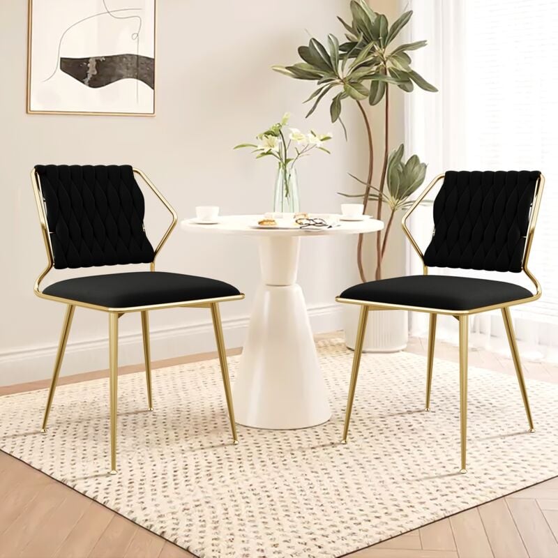 Tanant - Lot de 2 Chaise en velours - Chaises de Salle à Manger scandinave, avec dossier tressé et pieds en métal doré, velours - Noir