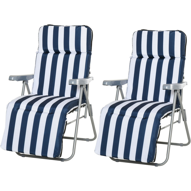 Outsunny - Lot de 2 chaise longue bain de soleil adjustable pliable transat lit de jardin en acier bleu + blanc - Bleu