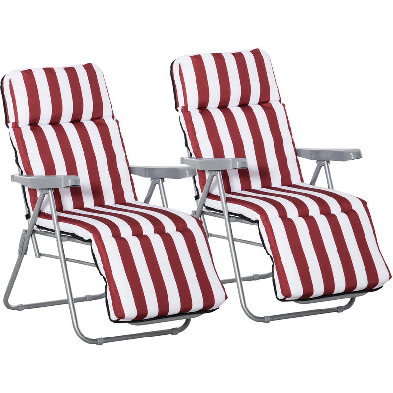 Outsunny - Lot de 2 chaises longues bains de soleil ajustables pliables transat lit de jardin en acier rouge + blanc