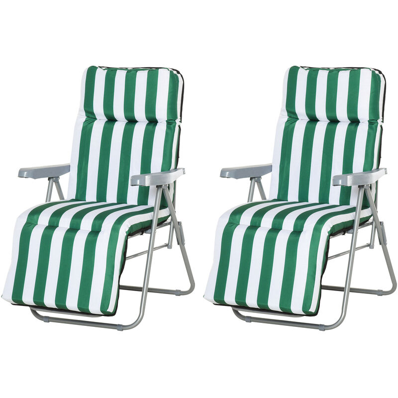 Outsunny - Lot de 2 chaise longue bain de soleil adjustable pliable transat lit de jardin en acier vert + blanc - Vert