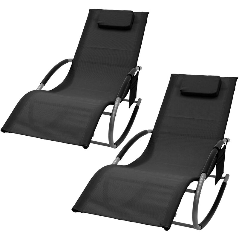 Lot de 2 chaise longue bain de soleil à bascule noir avec appui-tête en acier