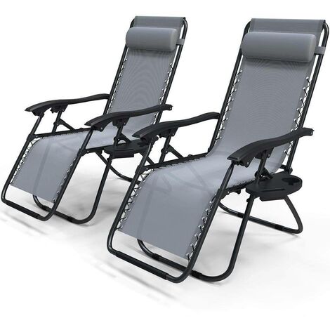 Lot de 2 Chaise longue inclinable en textilene avec porte gobelet et portable gris
