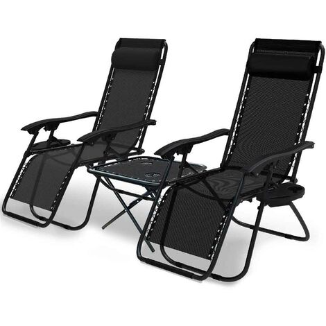 Lot de 2 Chaise longue inclinable en textilene avec table d'appoint porte gobelet et portable noir
