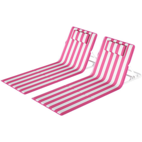 Lot de 2, Chaise Longue, Portable, avec Appui-tête, Dossier Inclinable, pour Camping, Jardin, Piscine, Rouge et Blanc