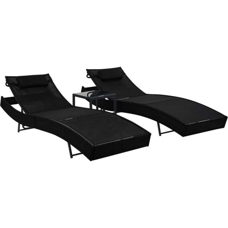 Lot de 2 Chaise longue Bain de soleil Transat de relaxation et table Résine tressée et textilène Noir CFW221112