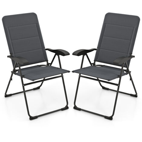 Lot de 2 Chaise Pliante Exterieur, Fauteuil de Jardin Exterieur avec Accoudoirs, Dossier Haut Réglable à 7 Positions,  Gris