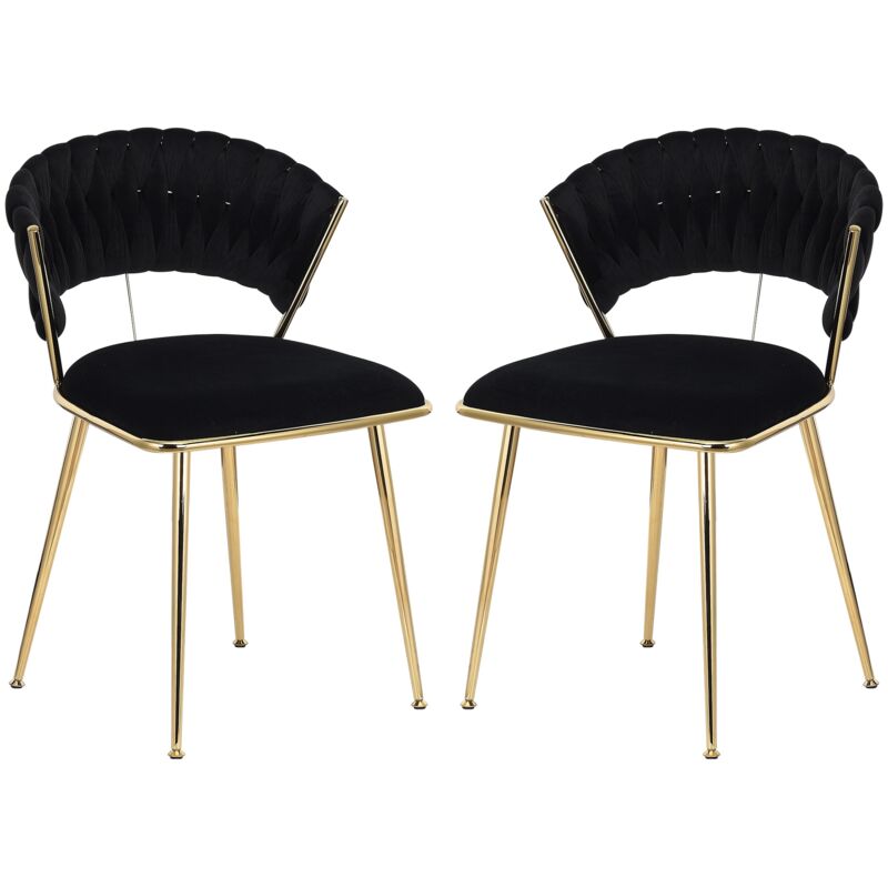 Nmonet - Lot de 2 Chaise salle à manger, velours, dossier tressé, structure dorée, style minimaliste moderne, chaises coiffeuse - Noir