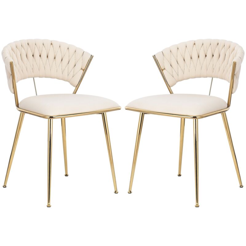 Nmonet - Lot de 2 Chaise salle à manger, velours, dossier tressé, structure dorée, style minimaliste moderne, chaises coiffeuse - Beige