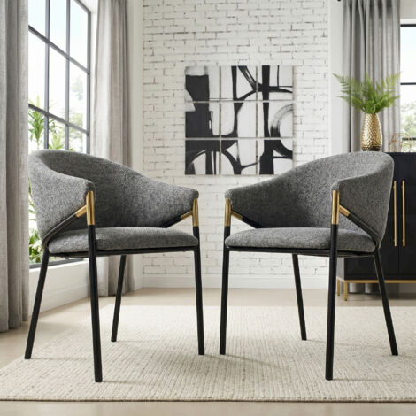 Lot de 2 chaises à manger grises en chenille. Pieds acier inoxydable doré,confortables pour salle à manger et café.