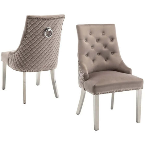 Lot de 2 chaises ANNEAU matelassée et cloutée Chrome velours - Moka