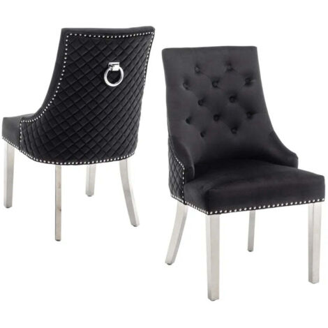 Lot de 2 chaises ANNEAU matelassée et cloutée Chrome velours - Noir