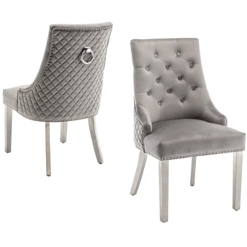 Homy France - Lot de 2 chaises anneau matellassée et cloûtée chrome velours Gris
