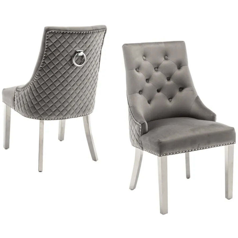 Homy France - Lot de 2 chaises anneau matellassée et cloûtée chrome velours Noir
