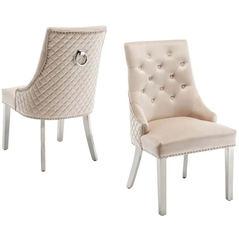 Homy France - Lot de 2 chaises anneau matellassée et cloûtée chrome velours Beige