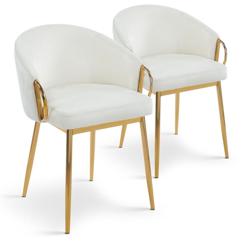 Lot de 2 chaises arrondies et matelassées Patricia Métal doré et Velours Crème