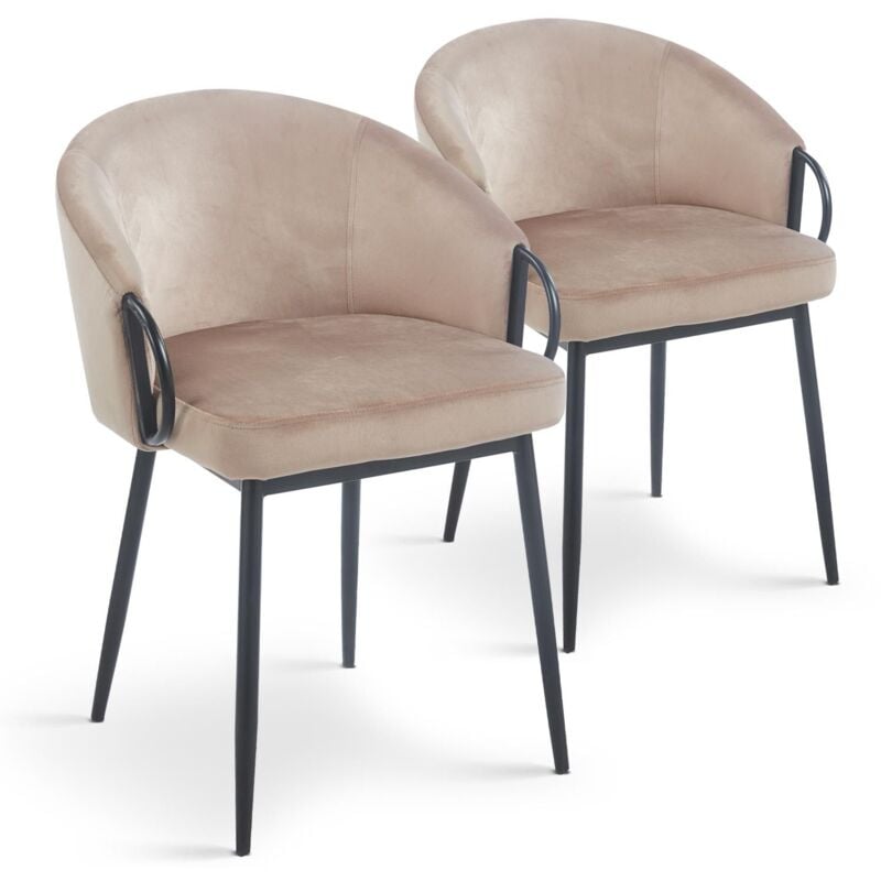 Lot de 2 chaises arrondies et matelassées Patricia Métal noir et Velours Taupe