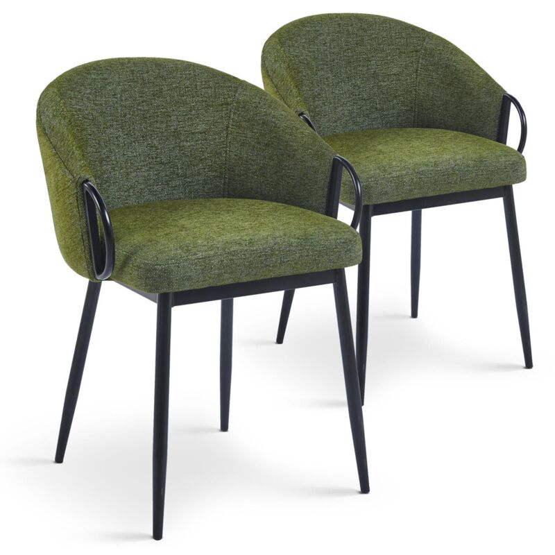Cotecosy - Lot de 2 chaises arrondies et matelassées Patricia Métal noir et Tissu Vert