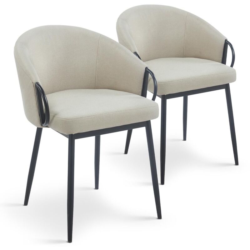 Lot de 2 chaises arrondies et matelassées Patricia Métal noir et Tissu Beige