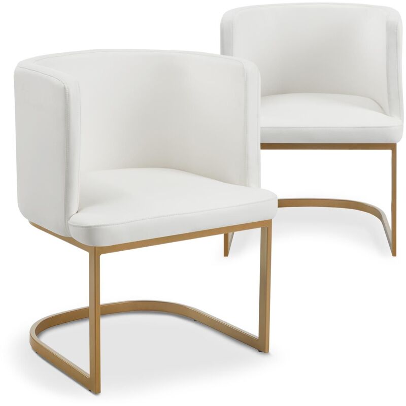Cotecosy - Lot de 2 chaises au dossier arrondi Noellie Simili Blanc pieds Or