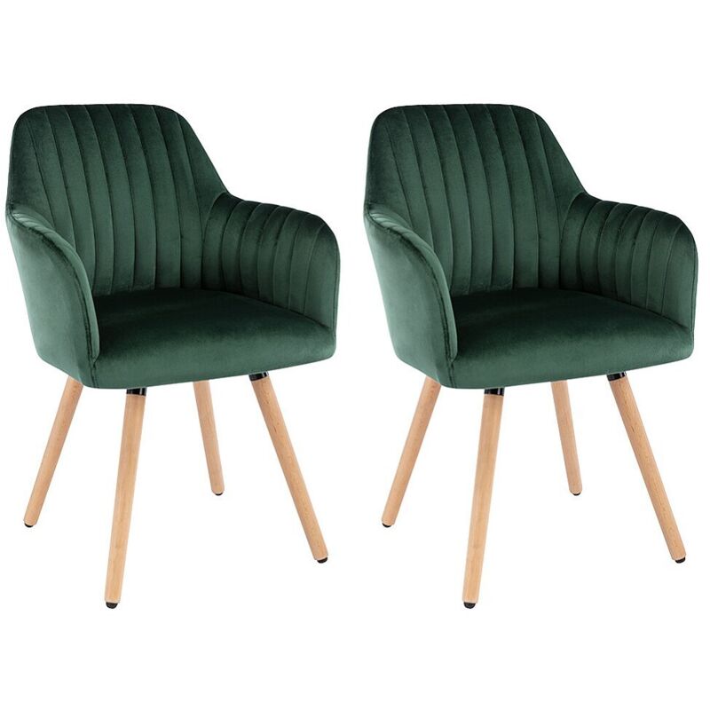 Vente-unique - Lot de 2 chaises avec accoudoirs en velours et pieds bois de hêtre - Vert foncé - eleana