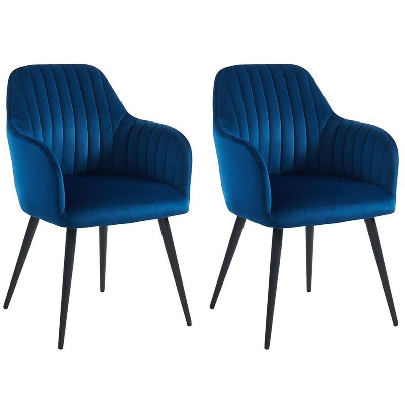 Vente-Unique – Lot de 2 chaises avec accoudoirs en velours bleu nuit – Structure métal noir – Garnissage mousse polyuréthane – Hauteur 82 cm