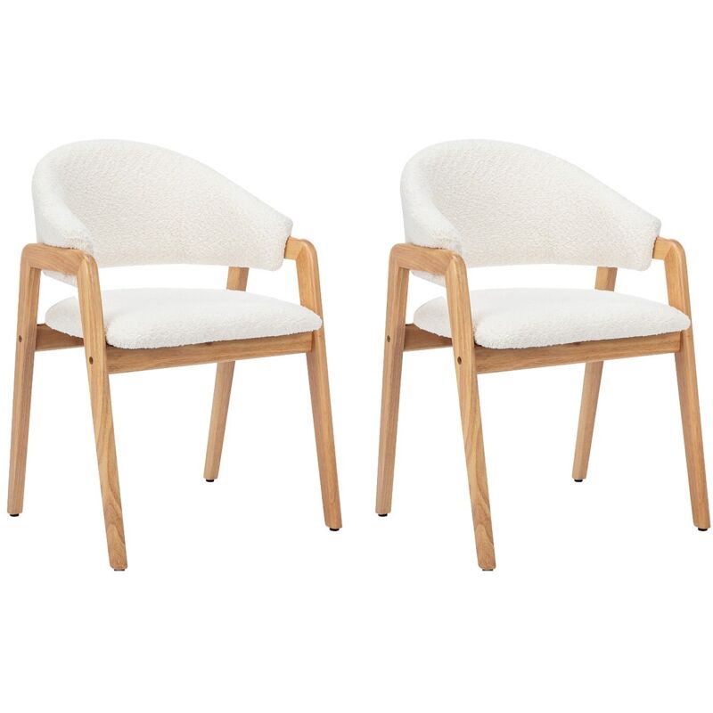 Vente-unique - Lot de 2 chaises avec accoudoirs en tissu bouclette et bois d'hévéa - Blanc et naturel - soluna