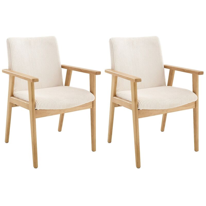 Lot de 2 chaises avec accoudoirs en velours côtelé et bois d'hévéa - Crème - FILDON