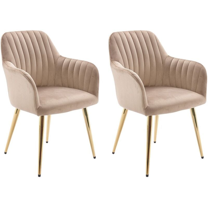 Vente-unique - Lot de 2 chaises avec accoudoirs en velours et métal doré - Beige - eleana