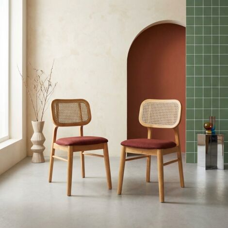 Lot de 2 chaises bohème bois d'hévéa et cannage terracotta - Mani