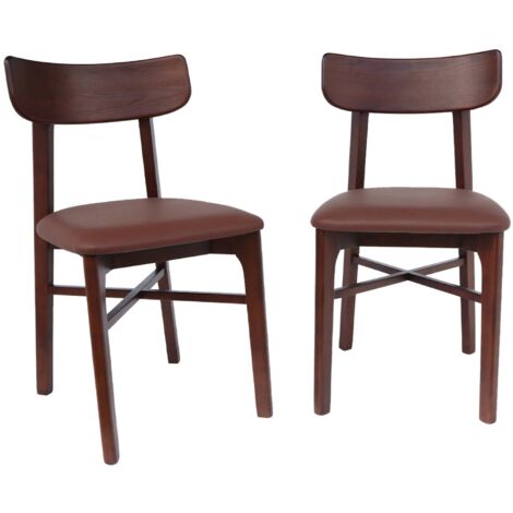 Lot de 2 chaises bois d'hévéa et assise simili cuir marron. vintage. L 43.5 x P 48 x H 81cm  Noyer / Marron