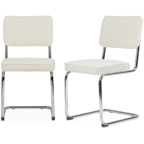 Lot de 2 chaises cantilever tissu bouclette texturée blanc cassé L46 x P54.5x H84.5cm