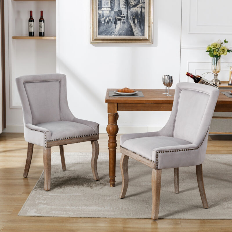 Lot de 2 chaises capitonnées velours – Accents cloutés, structure en bois massif robuste, élégantes - Gris
