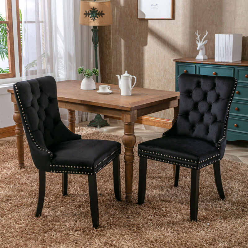 Lot de 2 chaises, chaise ergonomique, rembourrée en velours, capitonnée haut de gamme moderne, bois massif, style scandinave - Noir
