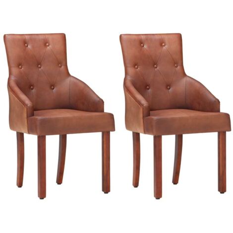 Lot de 2 Chaises  Chaises de salle à manger Chaise de cuisine  Marron Cuir de chèvre véritable 63612