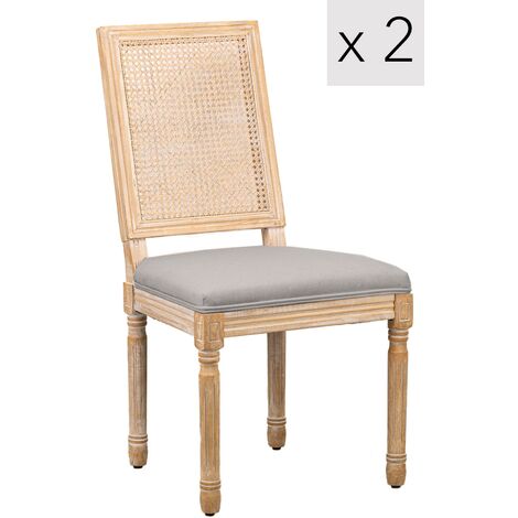 Lot de 2 Chaises Classiques Salle a Manger Bois Cannage Rotin Tissu Hevea - Gris