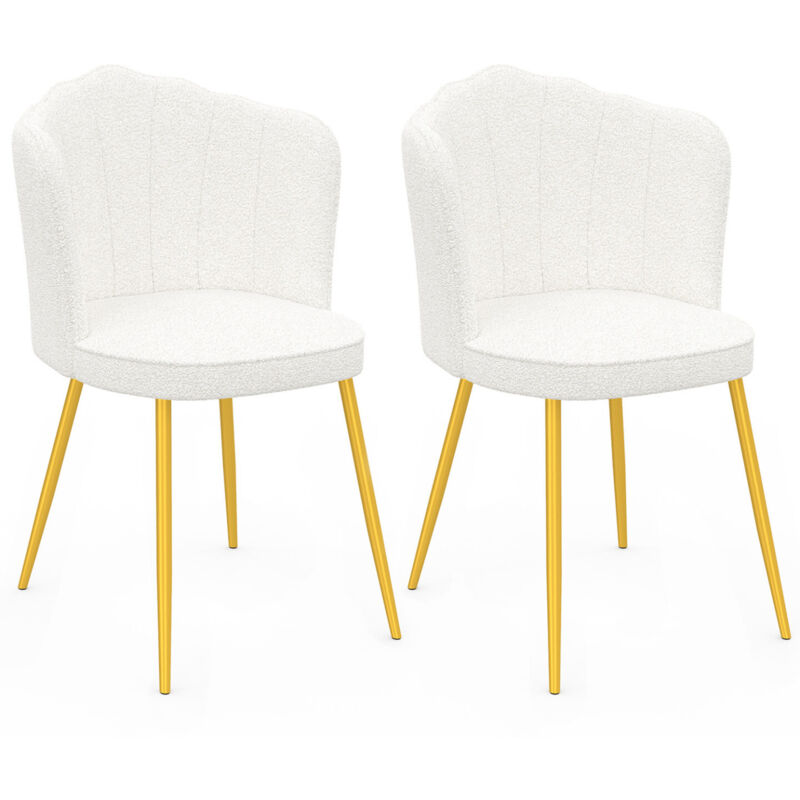 Lot de 2 chaises bouclette blanche, dossier coquillage, pieds dorés
