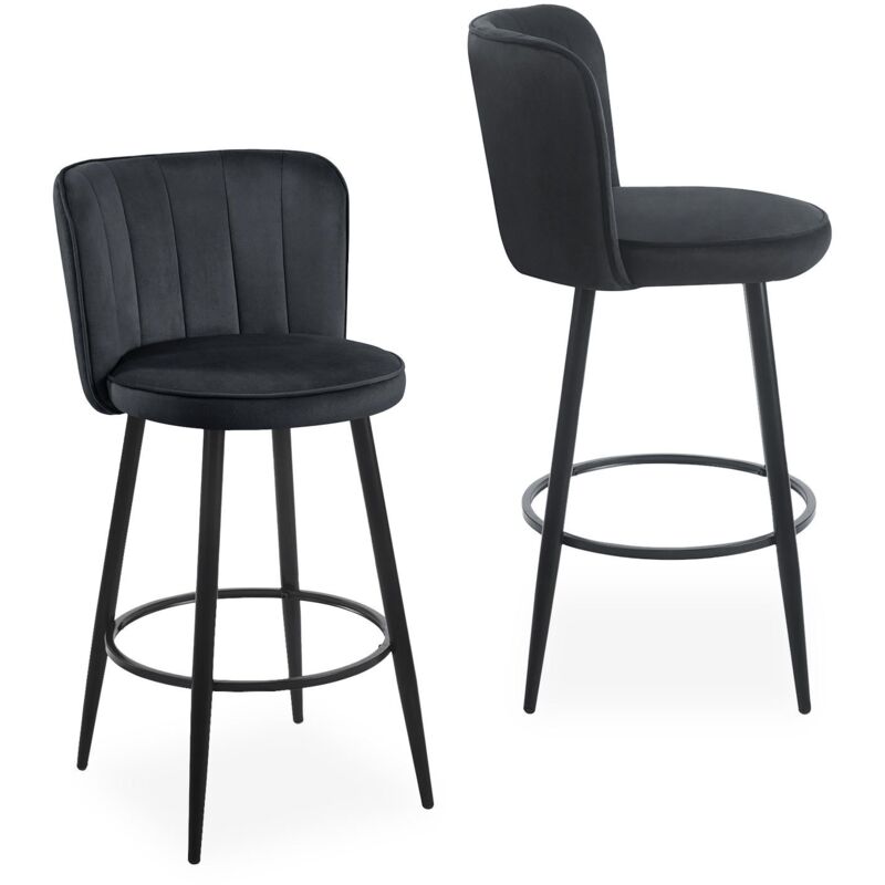 Cotecosy - Lot de 2 chaises de bar au dossier incurvé Philippa Velours Noir