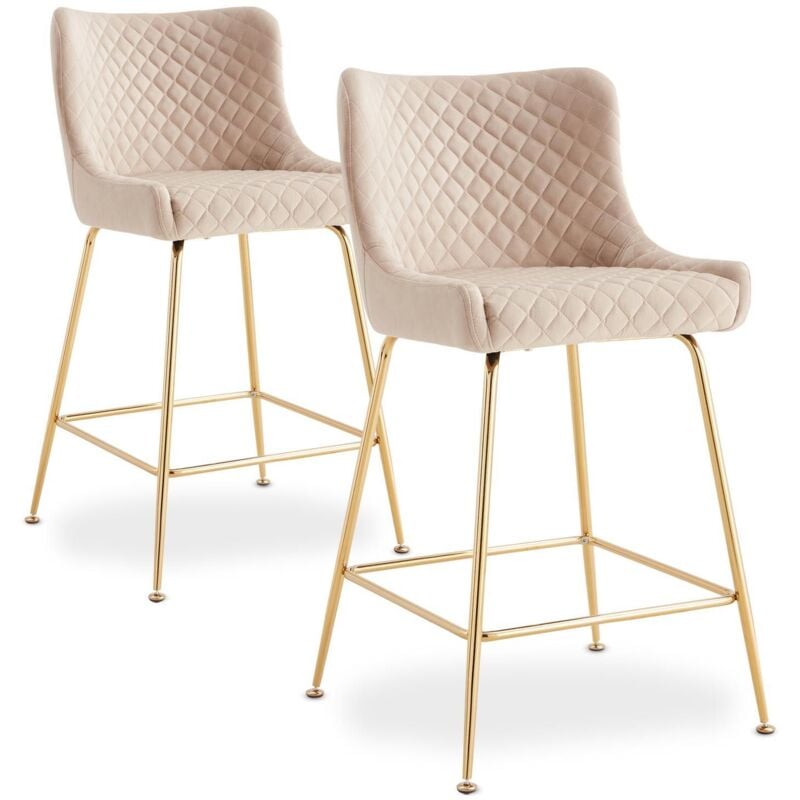 Cotecosy - Lot de 2 chaises de bar Bellamy Velours Beige pieds Or
