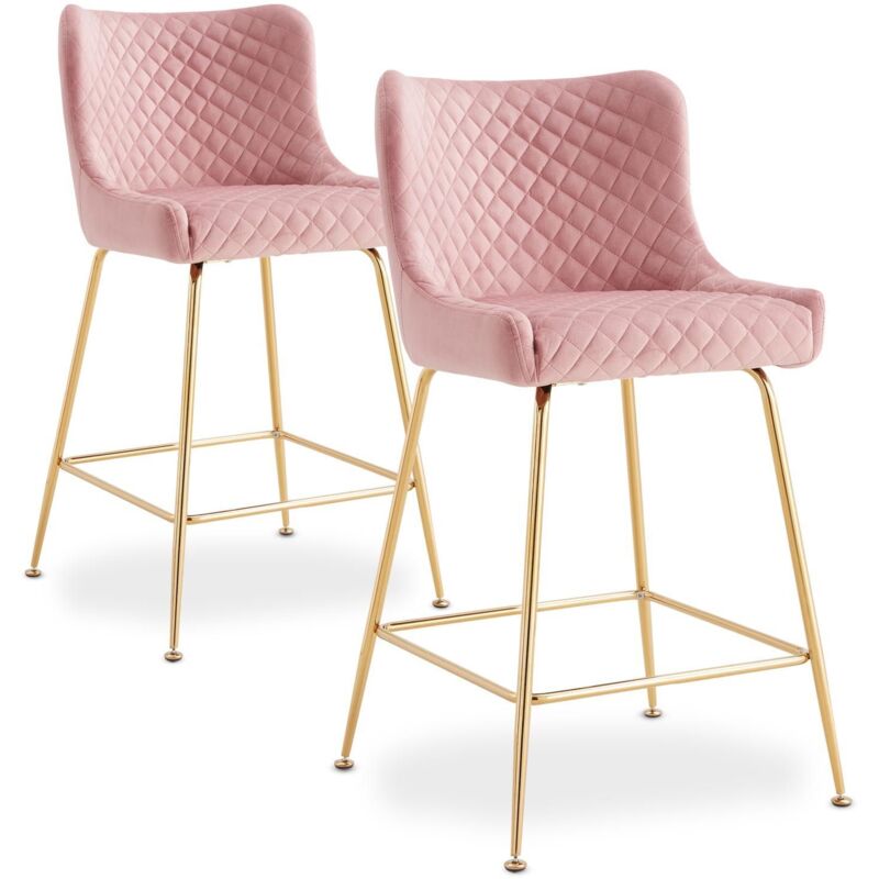 Cotecosy - Lot de 2 chaises de bar Bellamy Velours Rose pieds Or