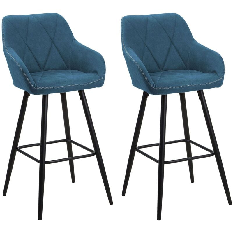 Beliani - Lot 2 Tabourets Chaises de Bar Tapissés en Tissu Bleu avec Pieds Noirs Design Tendance pour Cuisine ou Salle à Manger Rétro Glamour