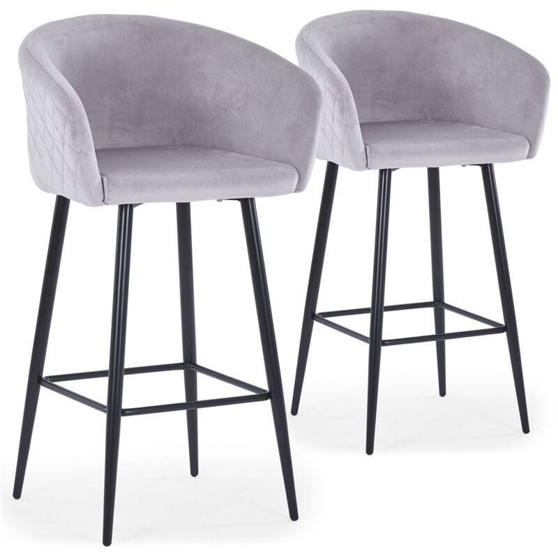 Cotecosy - Lot de 2 chaises de bar Bobby Velours Argent