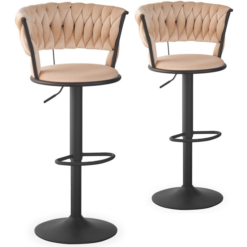 Cotecosy - Lot de 2 chaises de bar dossier arrondi style maillage Xenox Velours Beige et Métal Noir