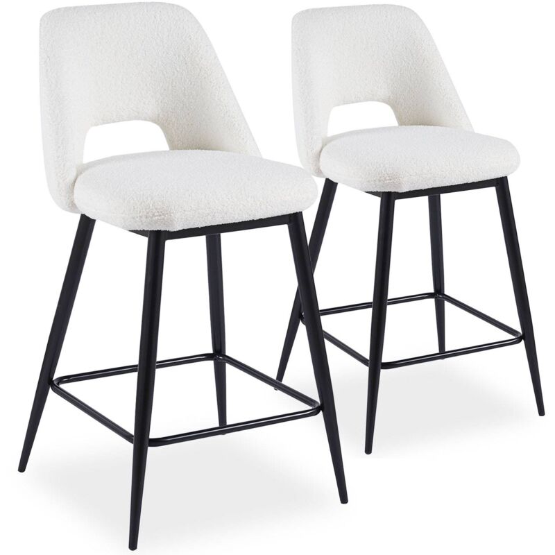 cotecosy - lot de 2 chaises de bar ecuador métal noir et tissu bouclette crème - crème